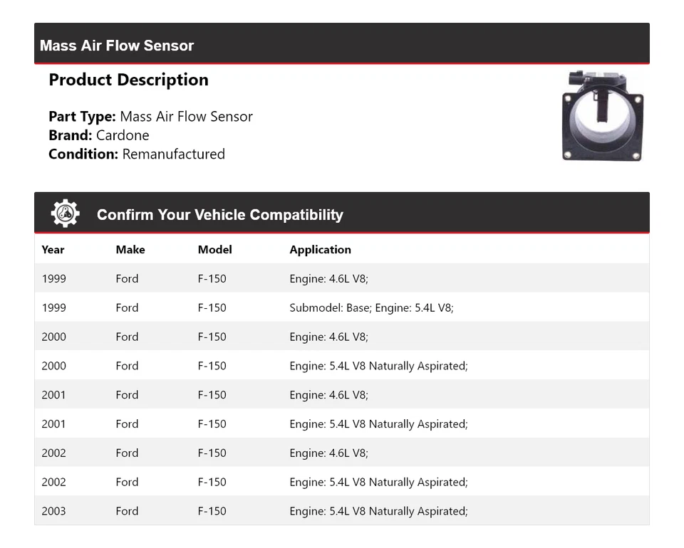 Sensor de flujo de aire de masa Cardone 2000 2001 2002 para Ford F-150 1999-2003 Foto 2 de 4