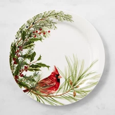 WILLIAMS SONOMA Woodland Berry Cardinal Christmas Dinner Plates, Set of 4 NIB