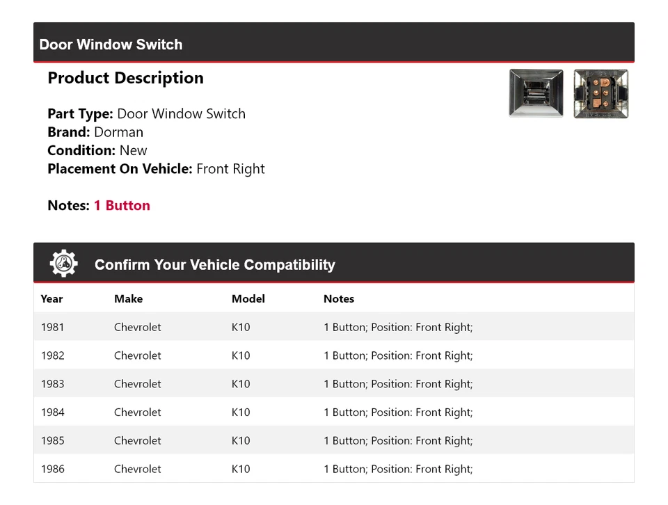 Выключатель переднего правого окна двери для Chevrolet K10 Dorman 1981-1986 годов выпуска 1982 1983 1984 годов выпуска - Изображение 2 из 4