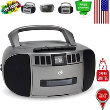 Classic Silver Gray Portable Boombox with Modern Features: CD/Cassette