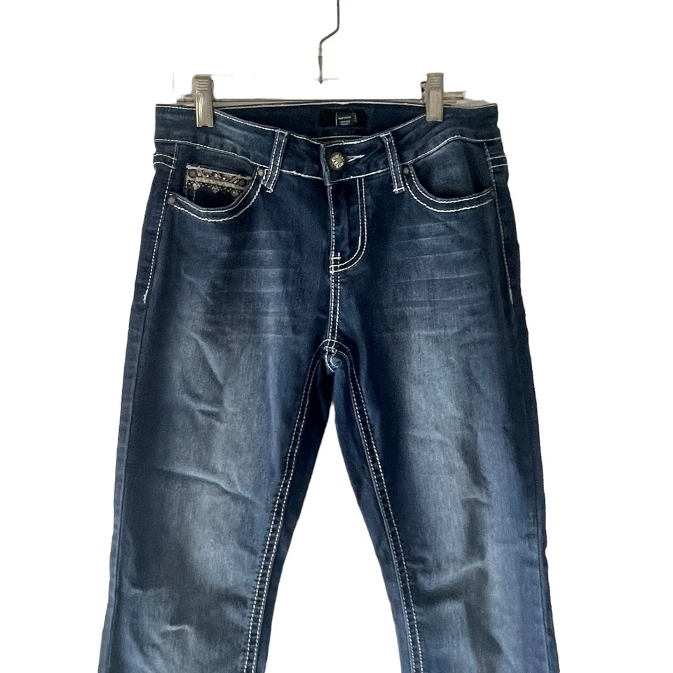 Pantalones de mezclilla rectos Ana para mujer talla 4 bolsillos bordados brillantes florales lavado oscuro Foto 3 de 4