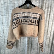 Wild Fable Tan Fair Isle Cropped Knit Sweater Small Beige Geometric Boho Boxy