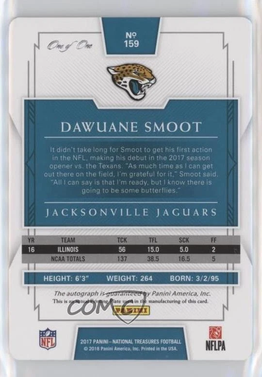 2017 National Treasures Printing Plate Cyan 1/1 Dawuane Smoot Rookie Auto RC z0q - Image 2 of 3