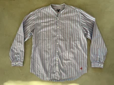 J. Peterman Mandarin Collar Long Sleeve Button Up Shirt Striped Blue Red Size L