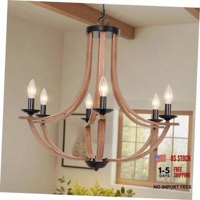 Farmhouse Chandelier, Rustic Wood Pendant Light with Dimmable Wood-6 Light-E12