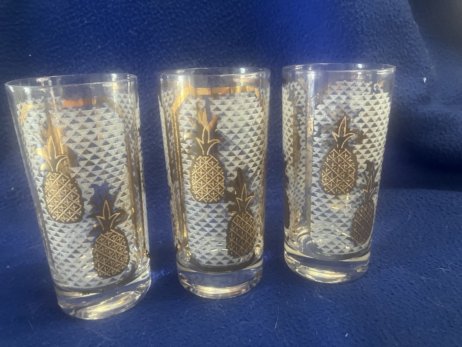 Qty 3 - Vintage William A. Meier Co Pineapple 22k Gold Highball Glasses, 1950s