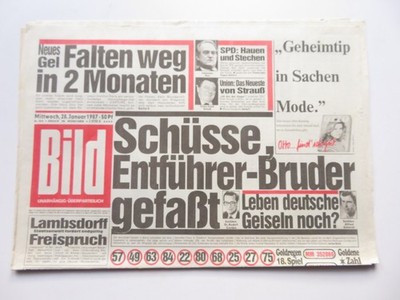 Bild Zeitung vom 28.01.1987, Liberace, Valerie Perrine, Connie Sellecca, Beckenb