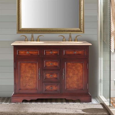 48'' Compact Double Sink Cabinet Travertine Stone Countertop Bathroom Vanity