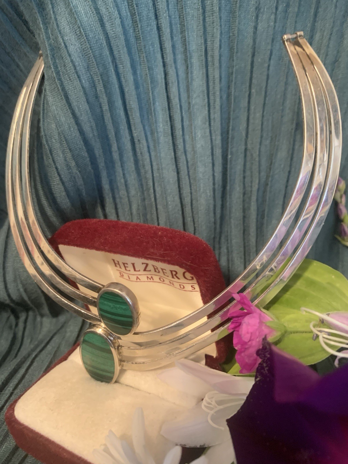 Solid Sterling Silver Malachite Collar Necklace C… - image 2