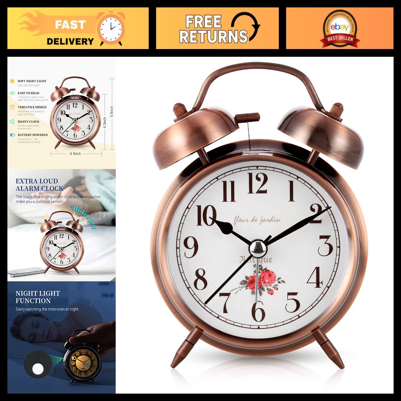 Loud Twin Bell Alarm Clock for Heavy Sleepers, Silent Non-Ticking, Retro Design,