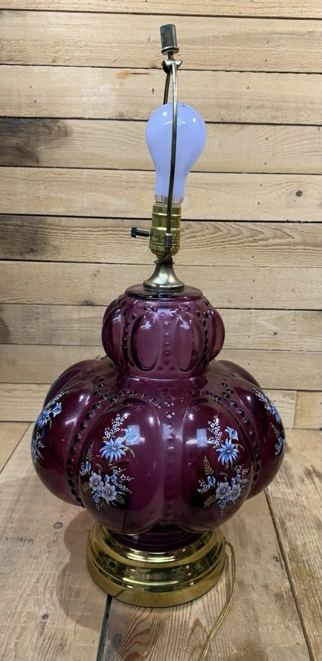 Vintage MCM Carl Falkenstein Amethyst Glass Double Bubble Lamp Floral Pattern - Image 2 of 4