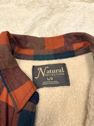 Natural Reflections Orange & Blue Plaid Sherpa-Lined Flannel Jacket Shacket L - Picture 4 of 4