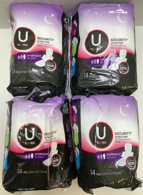 U by Kotex Overnight Security Ultra Thin w/ Wings, 14 Count, Lot of 4