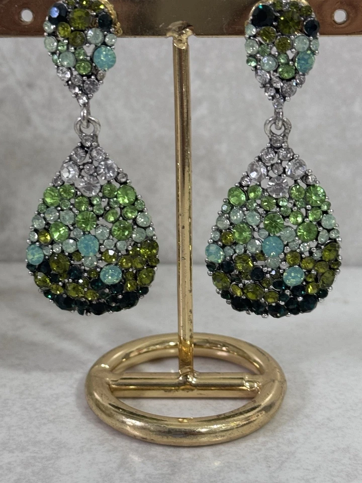 Crystal Tear Drop Green Earrings Boho Retro Statment Large Dangle Earrings UK - Image 4 of 4