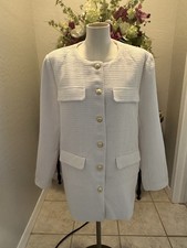 NWT Marled Cream Colored Gold Crest Buttons Long Tweed Blazer-Stunning-Large