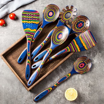 Pakkawood 7-Piece Blue Wooden Cooking Utensils - Wooden Spoons, Kitchen Utensils