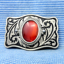 Cowboys Western Scroll Belt Buckle Orange Banded Agate Cowgirl Vtg 70s .CPA691