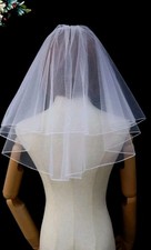 White Bridal Double Ribbon Edge Center Cascade Wedding Veil with Comb