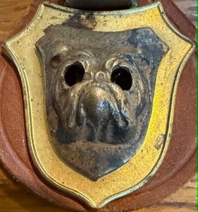 Watch fob: Brass bulldog, metal "shield," leather + strap (Lot #299)