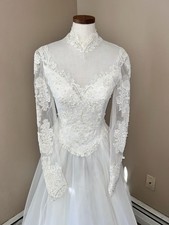 70s Victorian Hi Neck Lace Wedding Gown White Pearl Illusion Neck Train Sz S