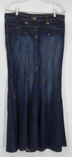 Vtg 90s BISOU BISOU Blue Faded Stretch Cotton Denim Mermaid Flare Maxi Skirt 8