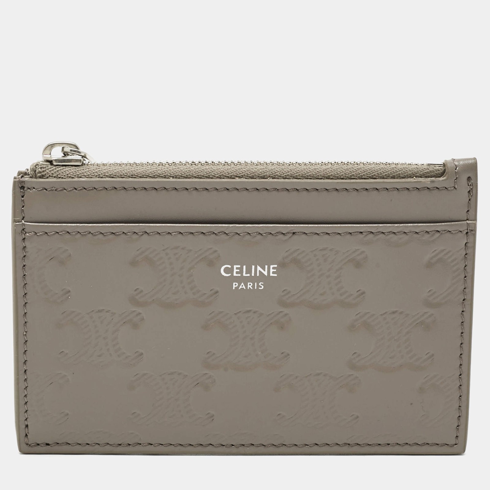 Celine Grey Triomphe Embossed Leather Zip Card Holder