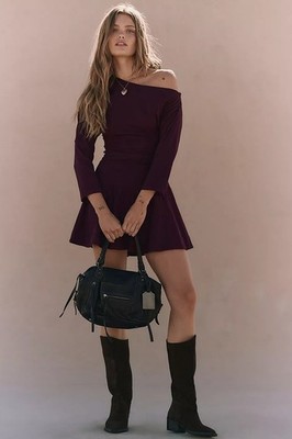 Junie Drop-Waist Asymmetric Neck Jersey Mini Dress by free-est at Free People in Purple, Size: S