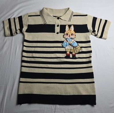 Kawaii Ribbed Knit Striped Polo Shirt Gucci-Style Embroidered Bunny Women XL Y2K