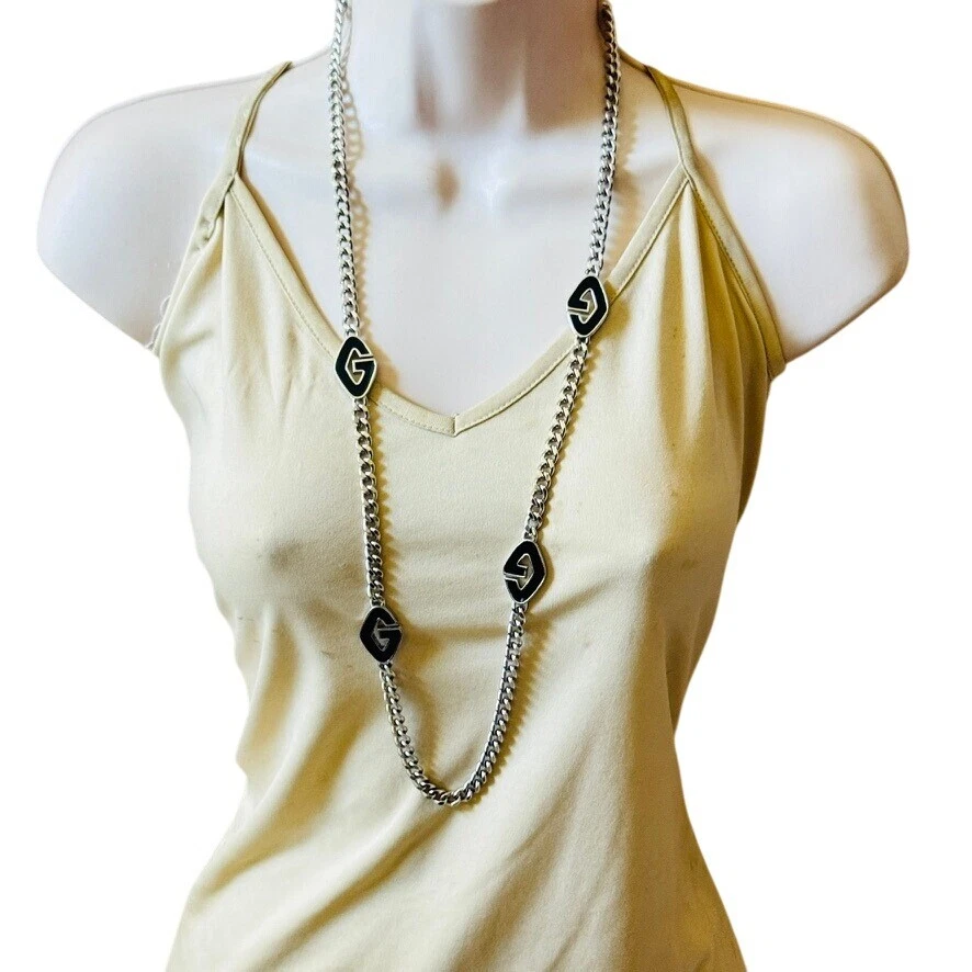 VTG 80s Givenchy Link necklace Logo Silver Statement high end designer rare 35"L - Image 2 of 4