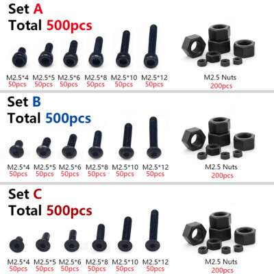 500pcs M2.5 Black Alloy Steel Allen Socket Screws Bolts With Hex Nuts Assortment