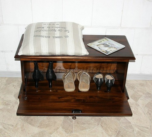 Massivholz Truhe Sitztruhe Aussteuertruhe Schuhtruhe Braun kolonial nußbaumfarbe - Bild 9 von 11