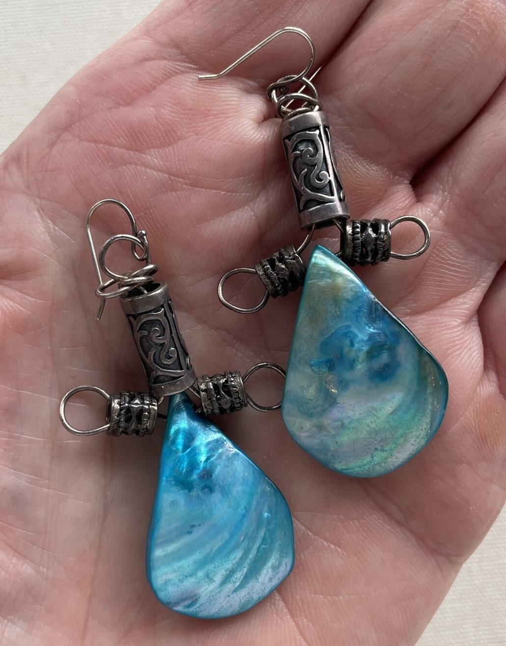 Statement Boho Shell Earring Sterling Rustic Dang… - image 1