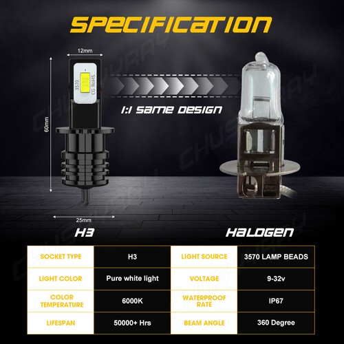 Upgrade H3 LED Headlight Fog Light Bulbs Kit 55W 9800LM 6000K White Super Bright - Picture 2 of 11