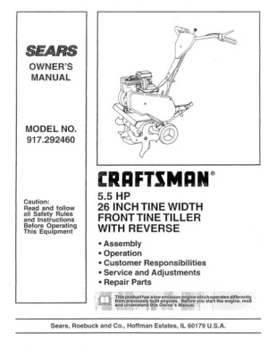 Owners Manual Sears Craftsman 5.5 HP 26” Front Tine Tiller Model 917. ...