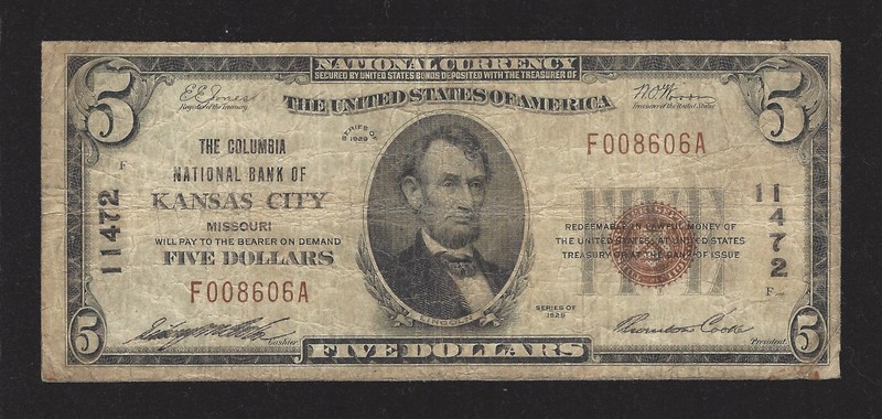 Kansas City, MO, # 11472, Series 1929, $5.00 Type -1, Fine, 39 Notes Reported!
