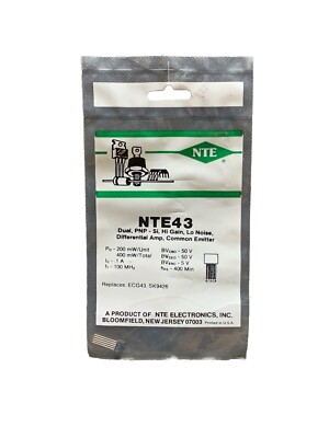 NTE43 Dual, PNP - Si, Hi Gain, Lo Noise, Differential Amp, Common Emitter ECG43