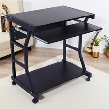 Rolling Computer Desk - Black, Open Space Storage & Sliding Keyboard Shelf