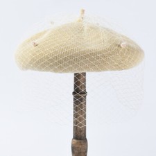 Lady Faux Wool Beret with Veil Wedding Church Netting Beanie Cap Adjustable Hat