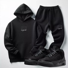 Mens Black on Black Sweatsuit To Match Jordan 3 Black Cat Hoodie Joggers 2pc Set