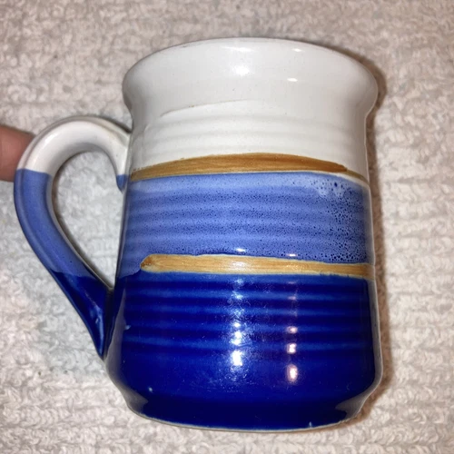 2 PC Art Studio Drip Glaze Stoneware Pottery Tankard Beer Coffee Mug Blue Cream
