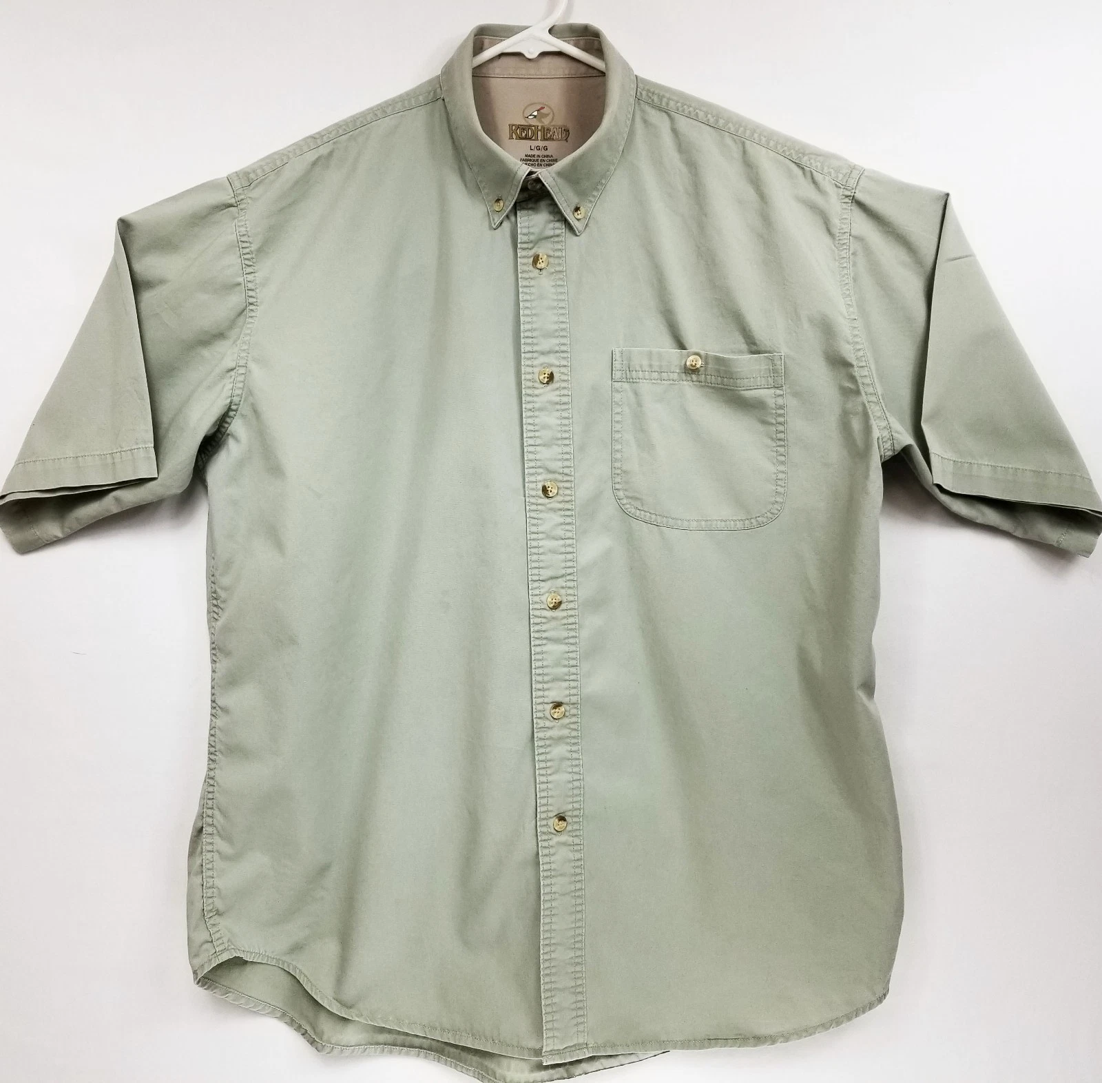 Red Head Mens Button Up Camp Shirt Size L Olive Sage Green Cotton EUC Quality