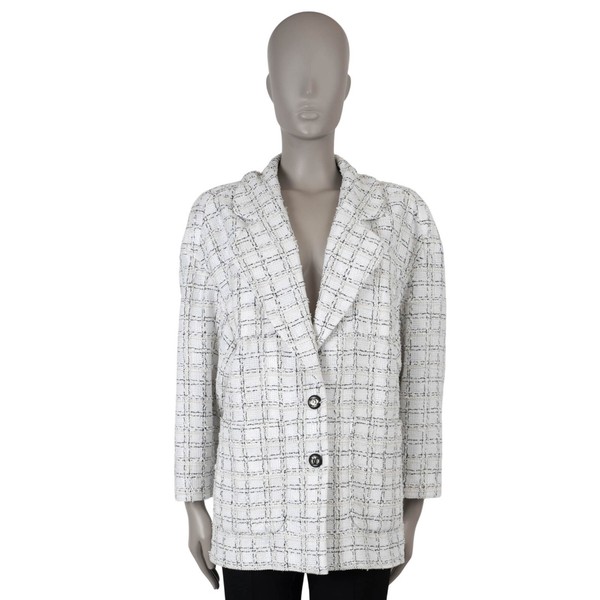 70761 Auth CHANEL White Black Viskose 2020 20B OVERSIZED LUREX TWEED Jacke 40 M