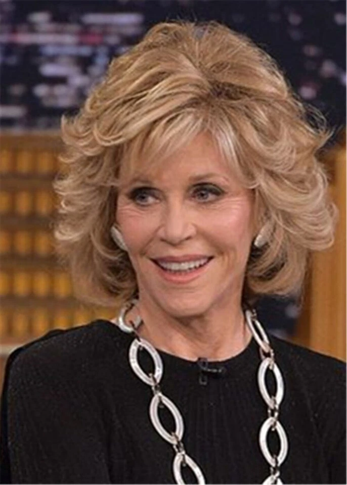 Pelucas Jane Fonda peinado ondulado en capas sintético sin tapa 12 pulgadas rubio Foto 2 de 4