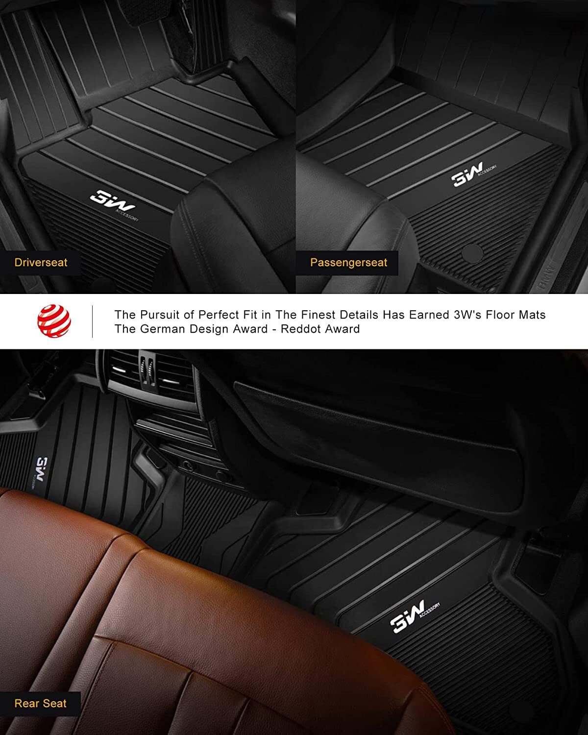 3W Front Rear 2 Rows Black AllWeather Floor Mats For BMW X7 7 Seats