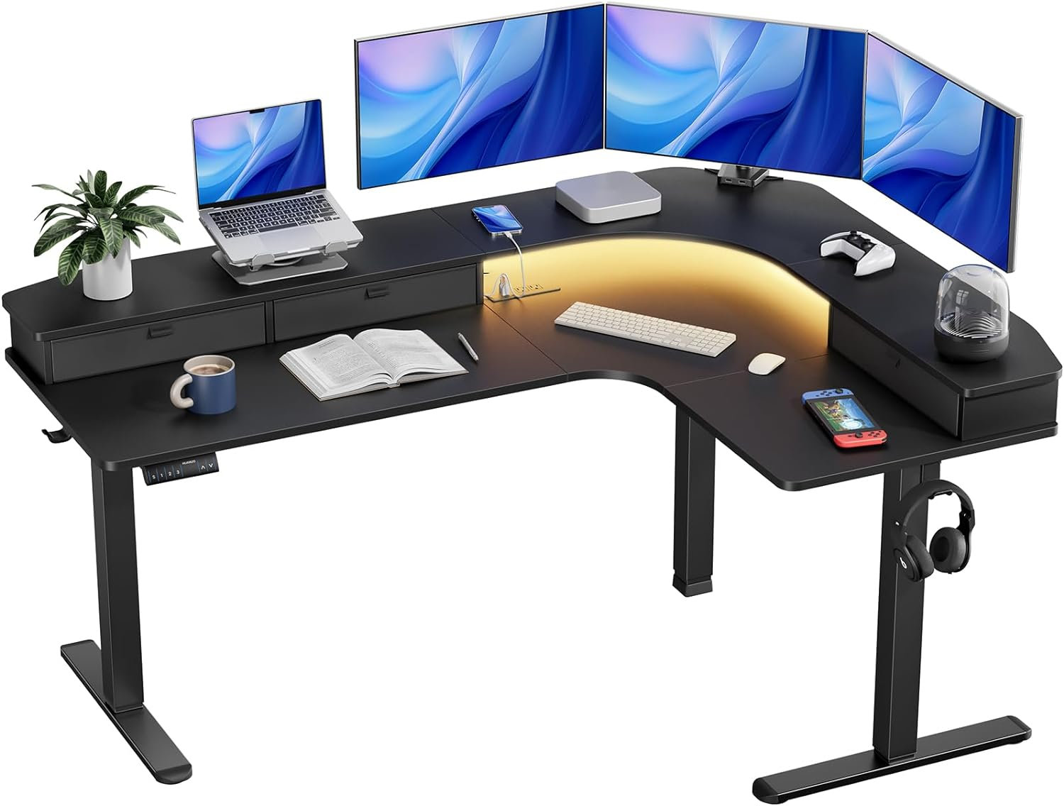 65″ L-Shaped Standing Desk with Power Outlets & LED Strip, Support C-Clamp Mount-image