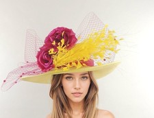 Lemon Yellow Fuchsia Hot Pink Large Wide Brim Hat Wedding Kentucky Derby Ascot