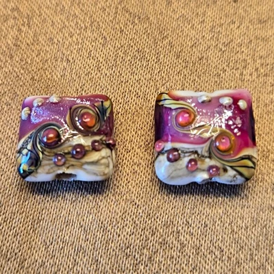 Pair Of Grace Handmade Lampwork Glass Pillow Beads,Cranberry Treasure, 15x15x8mm - image 1 of 3