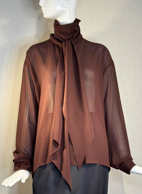 CLAUDE MONTANA Brown Maroon Silk Chiffon Scarf Blouse Collar SIZE FR42 US8, VTG