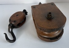 Antique Wood Pulley Block & Tackle Iron Hooks Nautical Farm Barn Rigging Lot 2