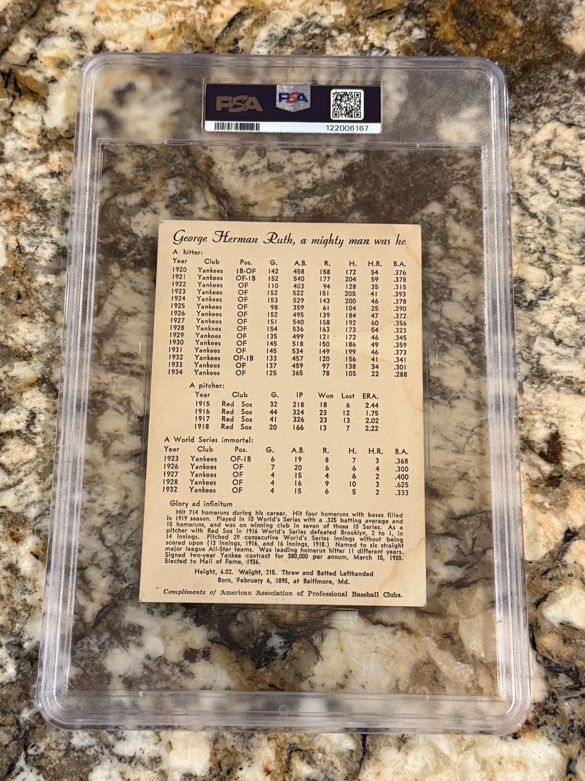 Babe Ruth 1948 American Association PSA 2.5 Freshly Graded Centered Yankees HOF view 2